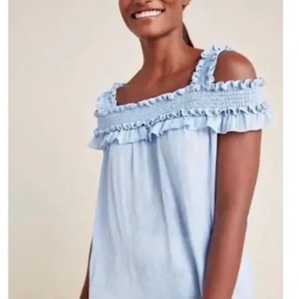 By Anthropologie Blue Ruffled Smocked Sleeveless Blouse
